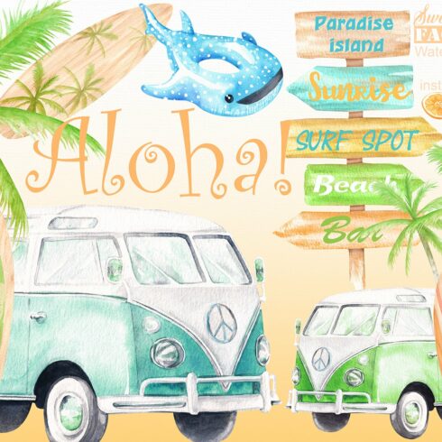 Camper van and surf boards cliparts cover image.