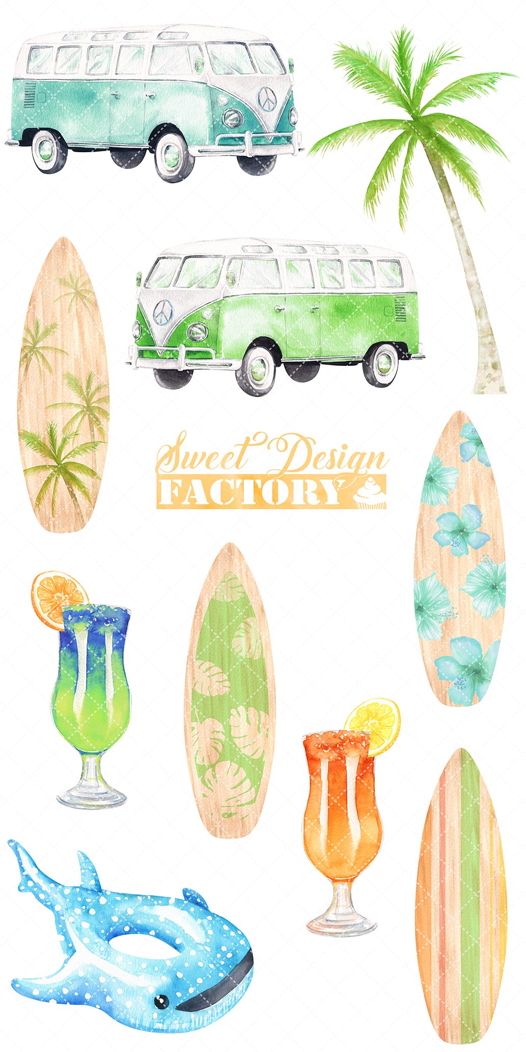 Camper van and surf boards cliparts preview image.