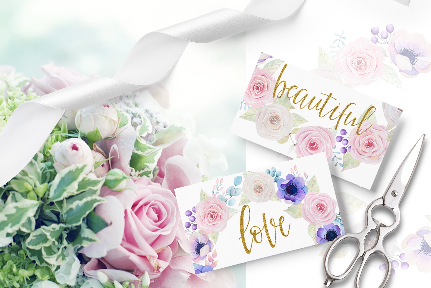 Roses and anemones watercolor floral preview image.