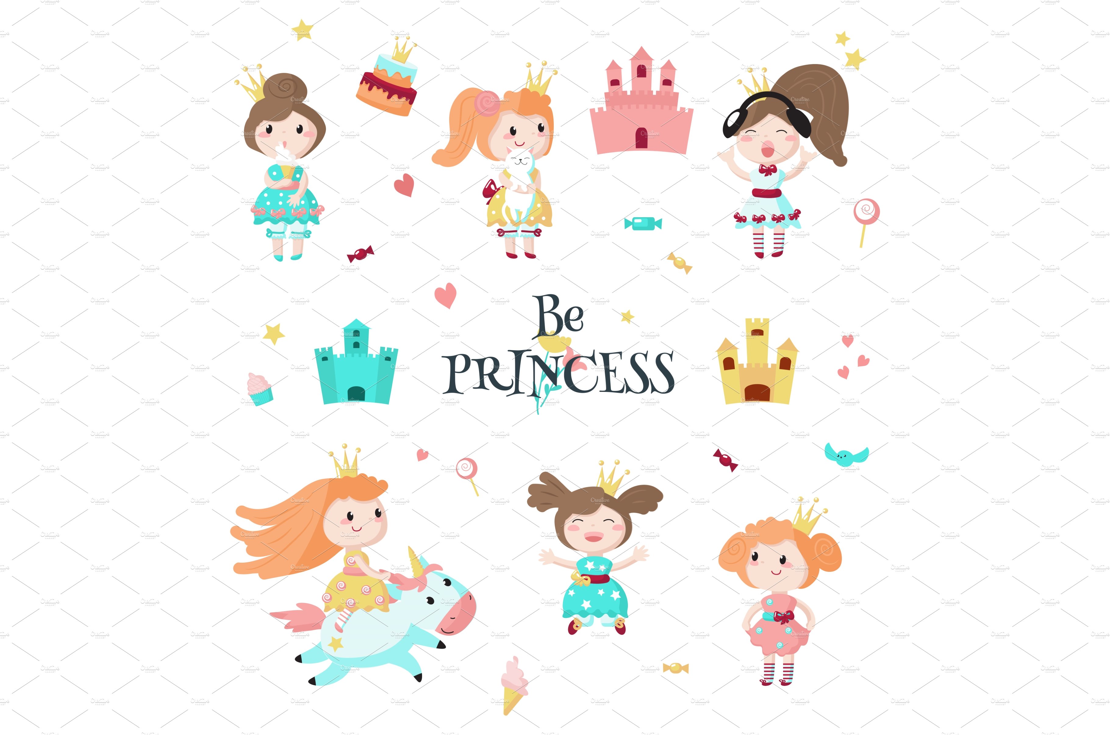 Beautiful princess icon set, vector cover image.