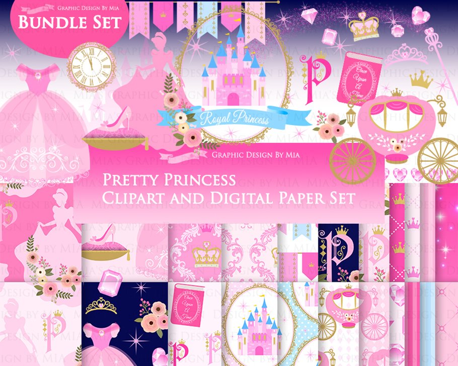 Princess Pink Clipart+Pattern set cover image.