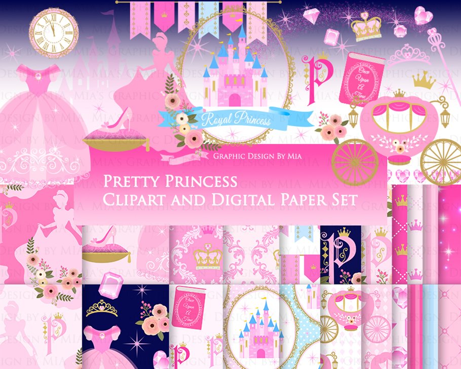 Princess Pink Clipart+Pattern set preview image.