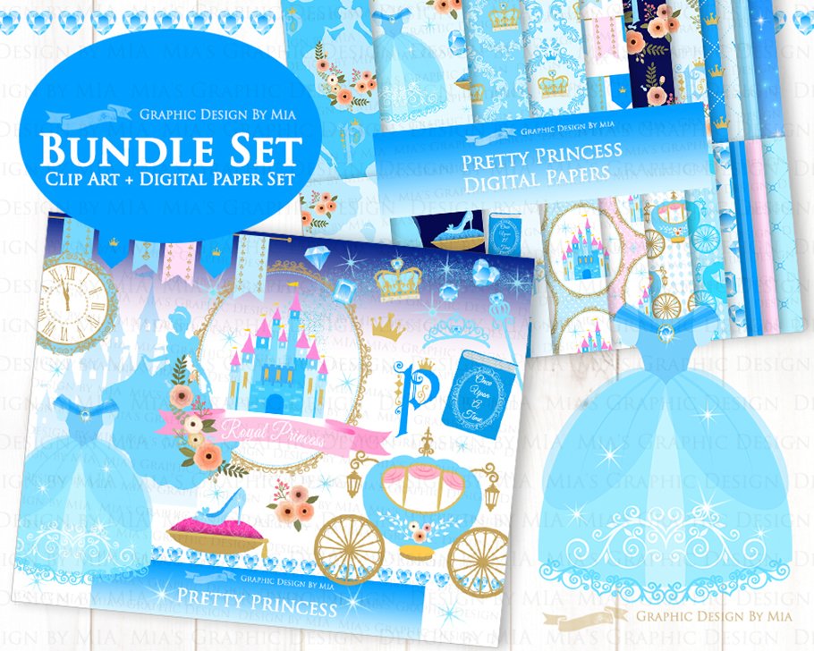 Princess Blue Clipart+Pattern set preview image.