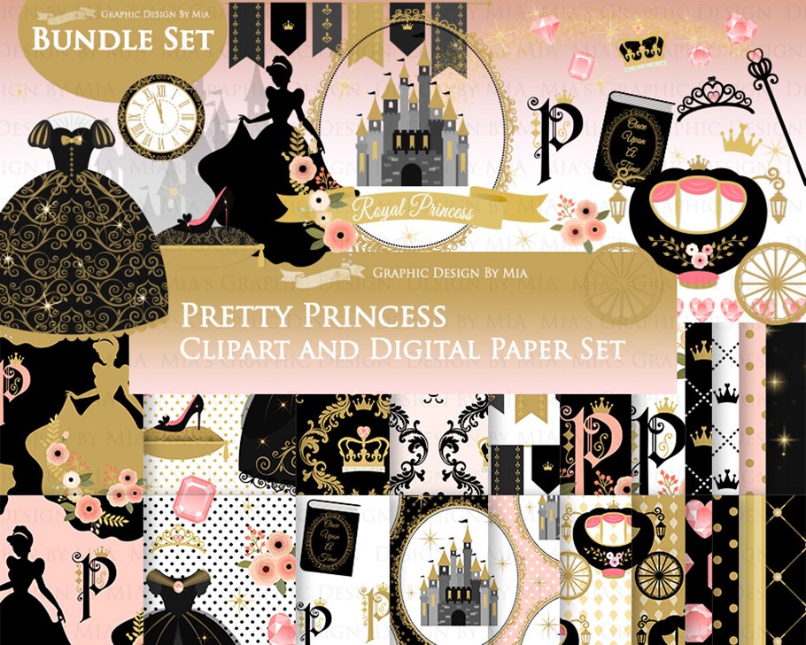Princess Black Gold Clipart+Pattern cover image.