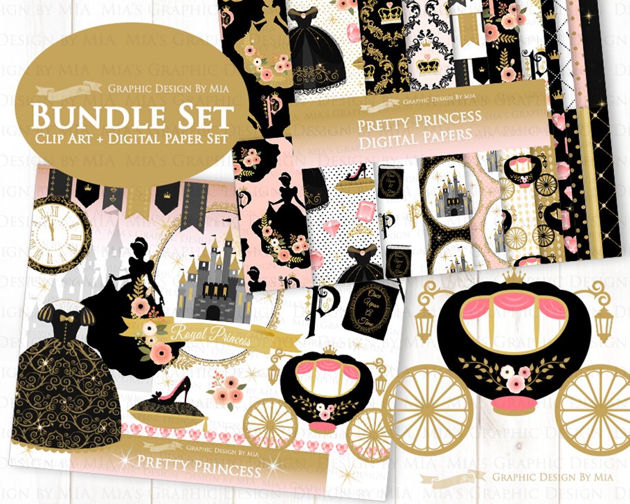 Princess Black Gold Clipart+Pattern preview image.