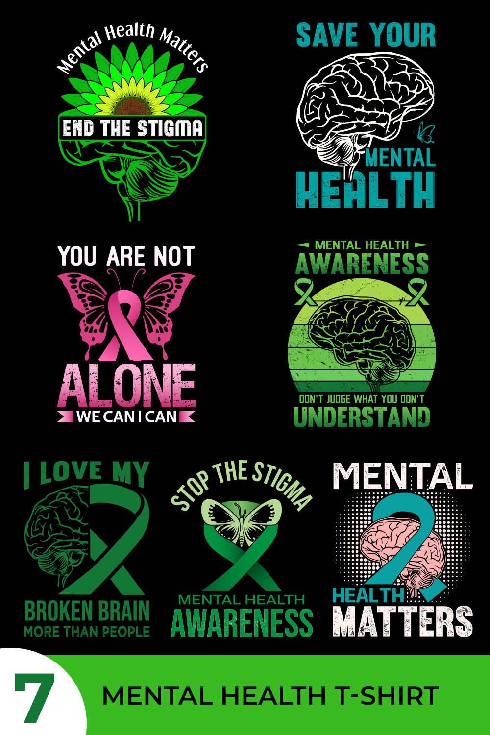 7 Mental health t-shirt design bundle pinterest preview image.