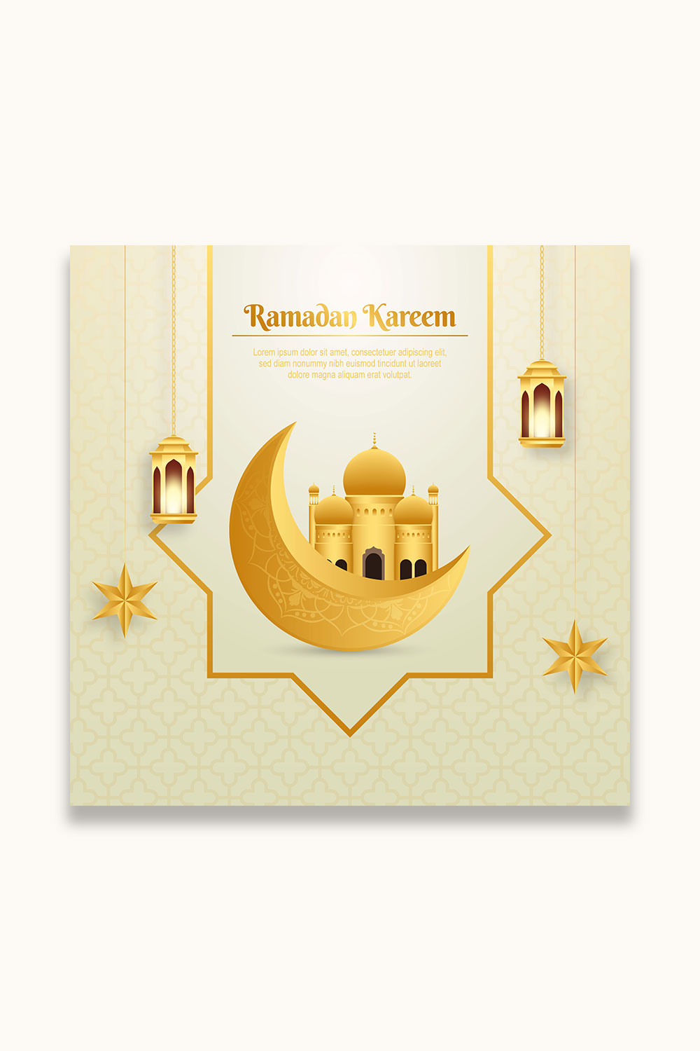 Elegant Ramadan kareem decorative festival greeting card with 3d moon and Islamic background pinterest preview image.