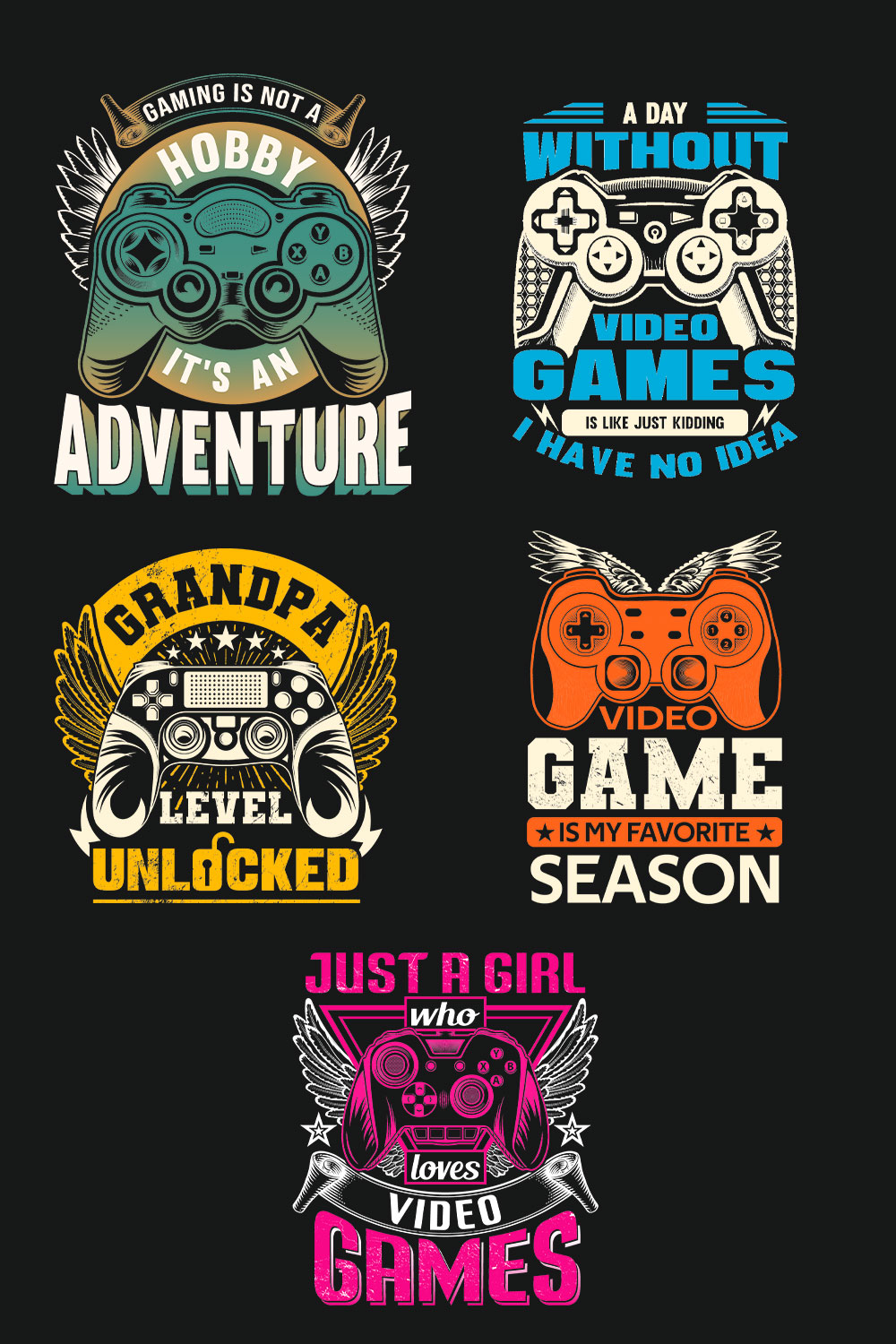 5 Video Gaming t-shirt design bundle pinterest preview image.