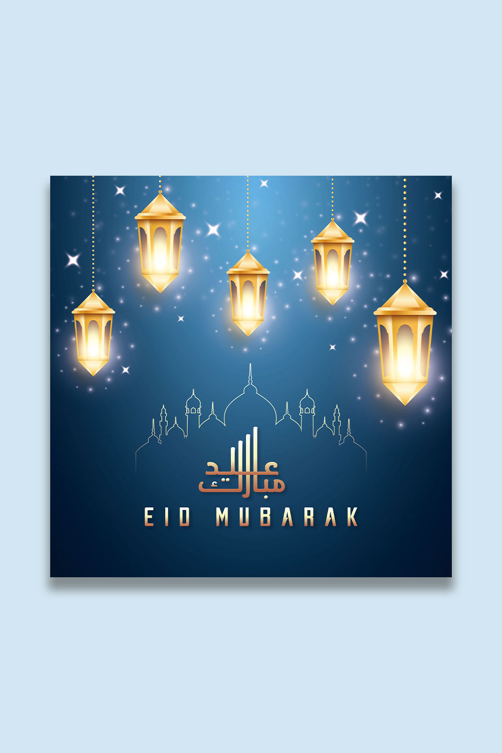 Eid Mubarak Greeting Card with Islamic background pinterest preview image.