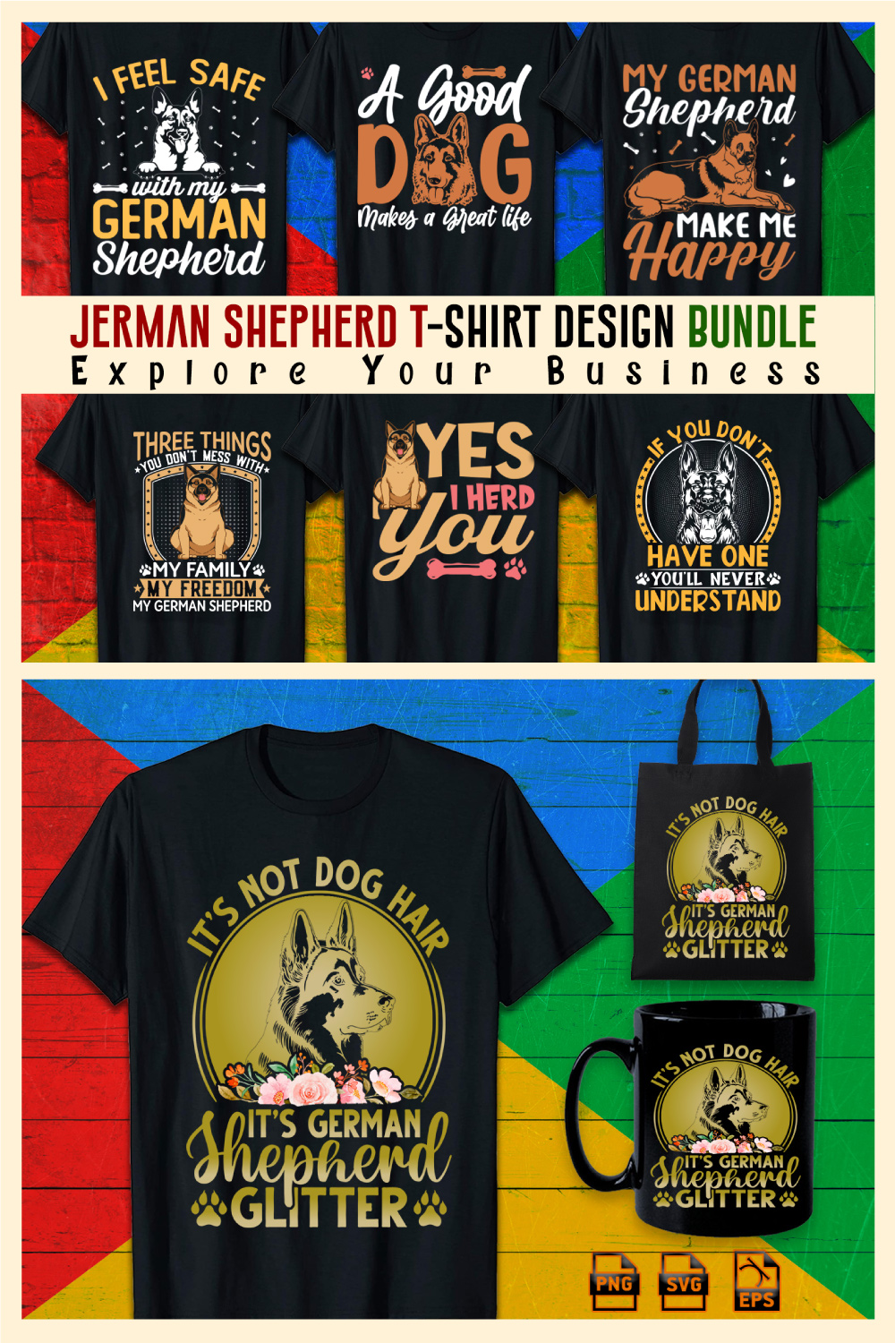 6 amazing and trendy typography bundle German Shepherd t-shirt Design Vector Template pinterest preview image.