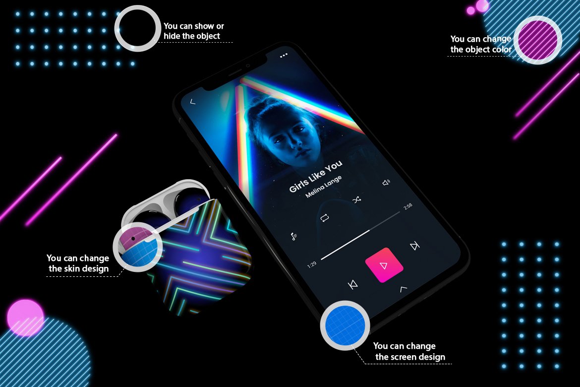 Neon iPhone 11 & Airpods Mockup preview image.