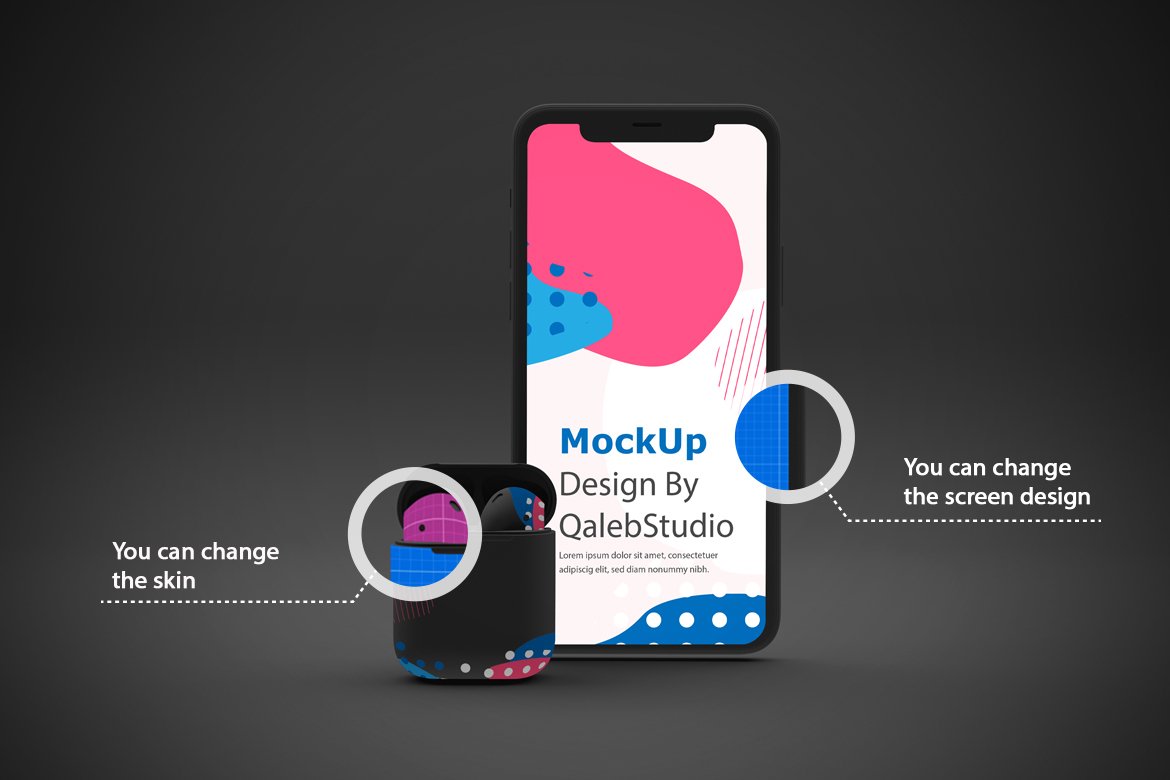 Dark iPhone 11 & AirPods Mockup preview image.