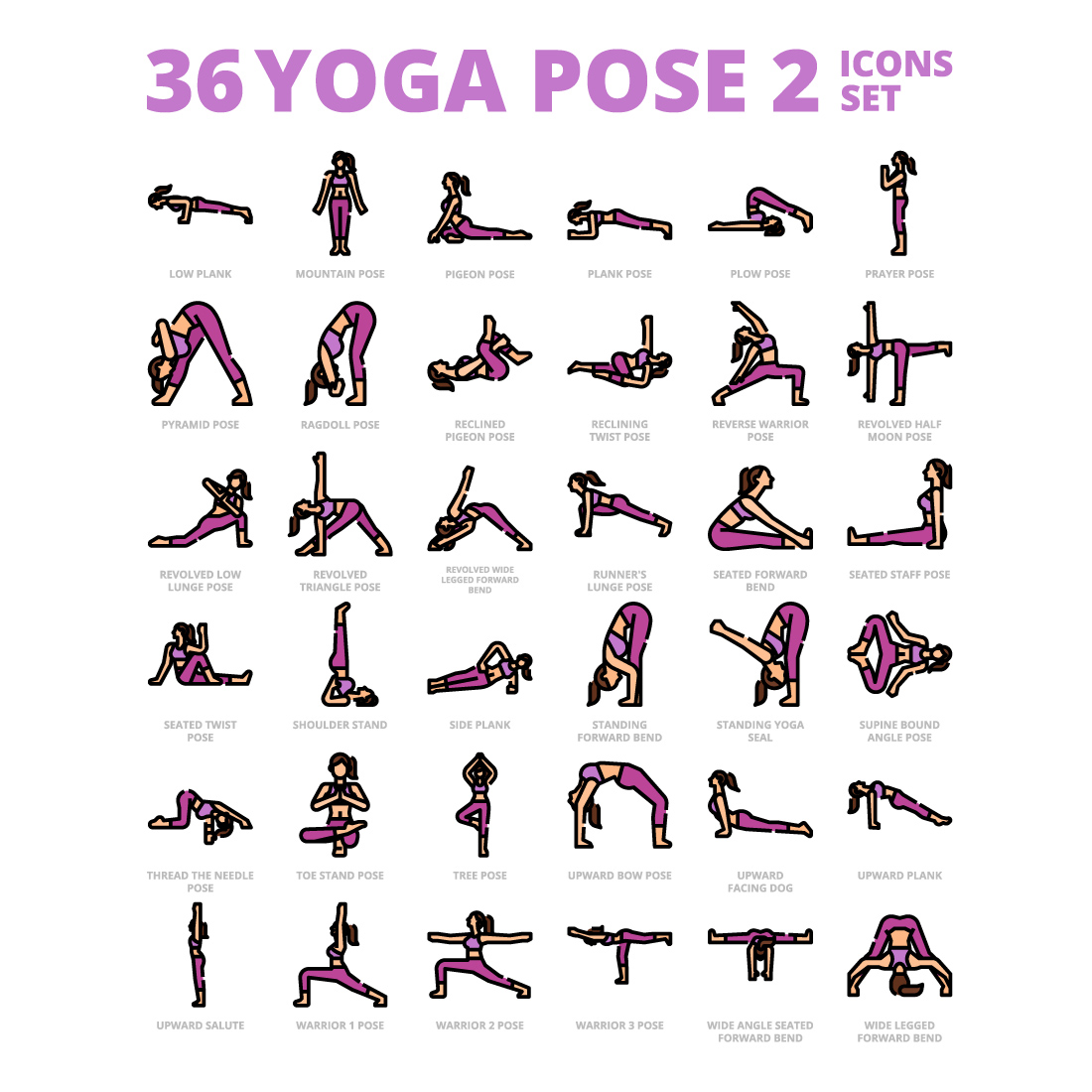 36 Yoga Post Icons Set x 4 Styles cover image.