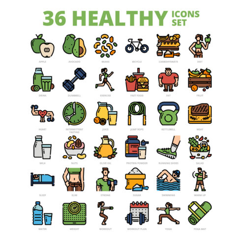 36 Healthy Icons Set x 4 Styles cover image.