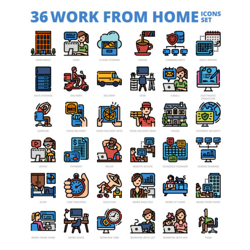 36 Work From Home Icons Set x 4 Styles cover image.