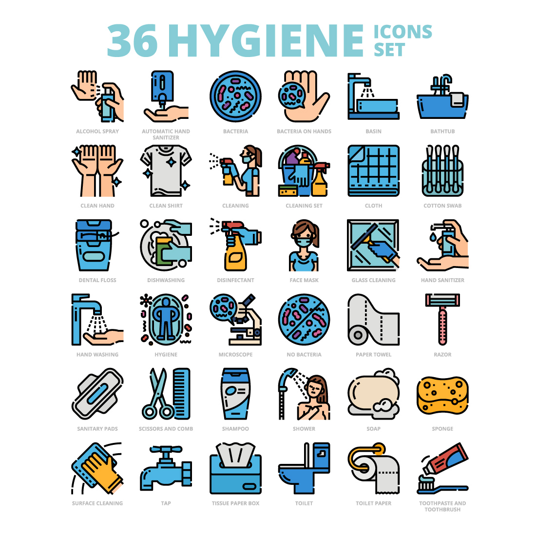 36 Hygiene Icons Set x 4 Styles cover image.