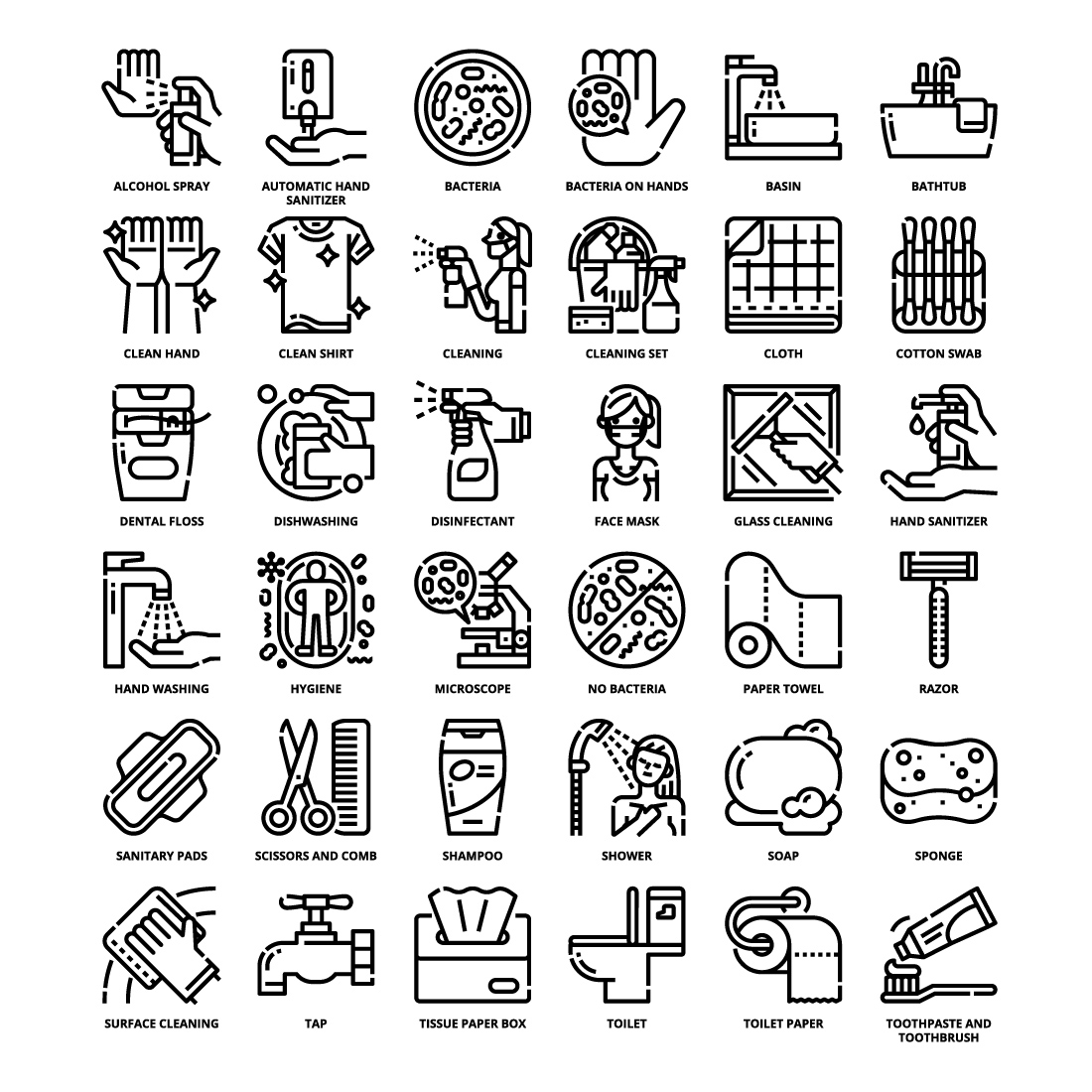 36 Hygiene Icons Set x 4 Styles pinterest preview image.