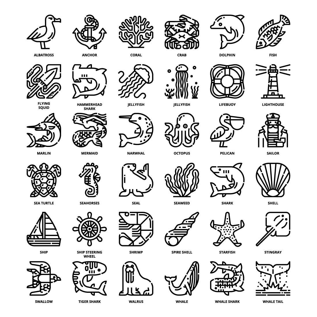 36 Sea Icons Set x 4 Styles preview image.