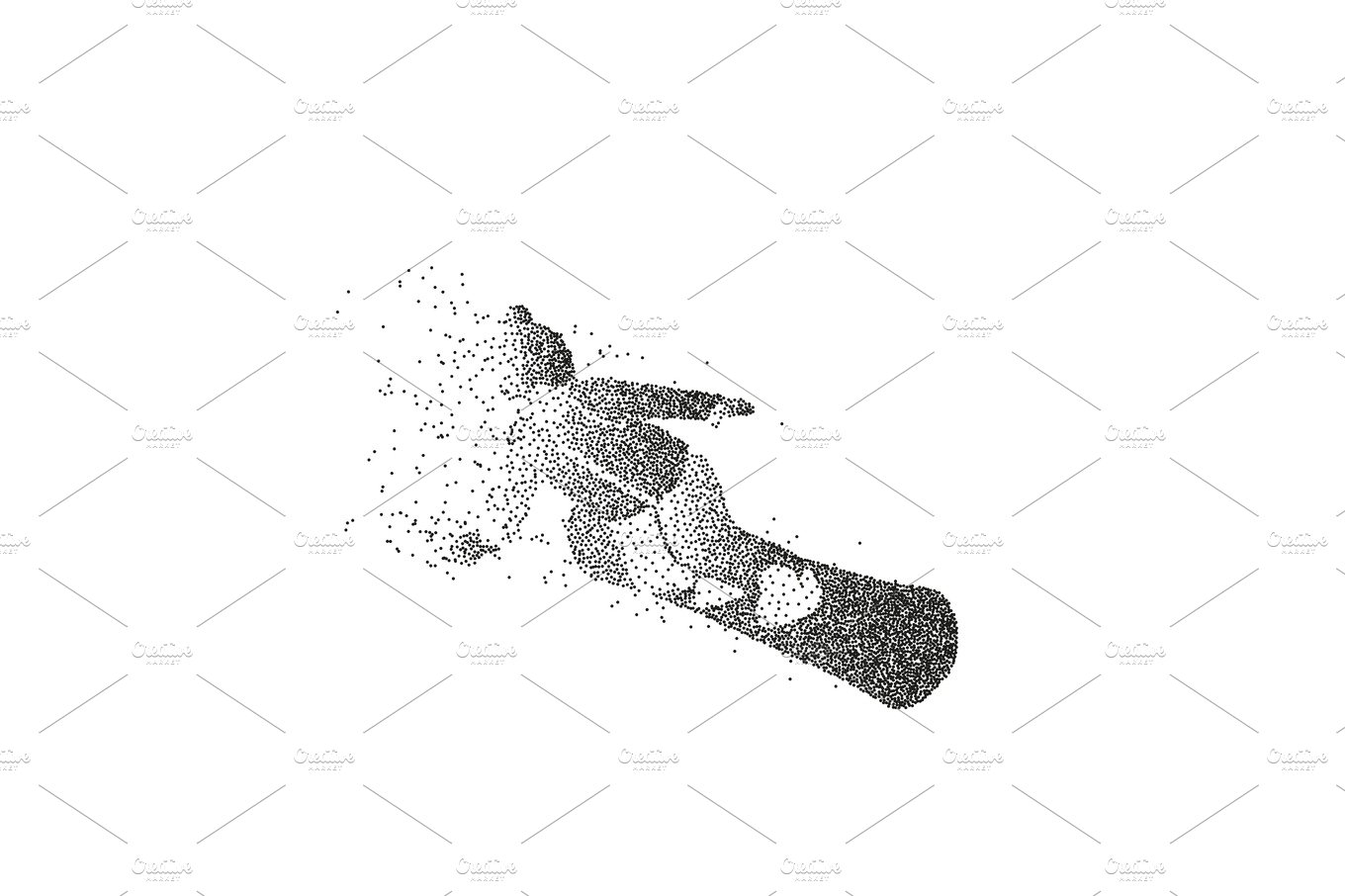 Male silhouette of a snowboarder made of particles. cover image.