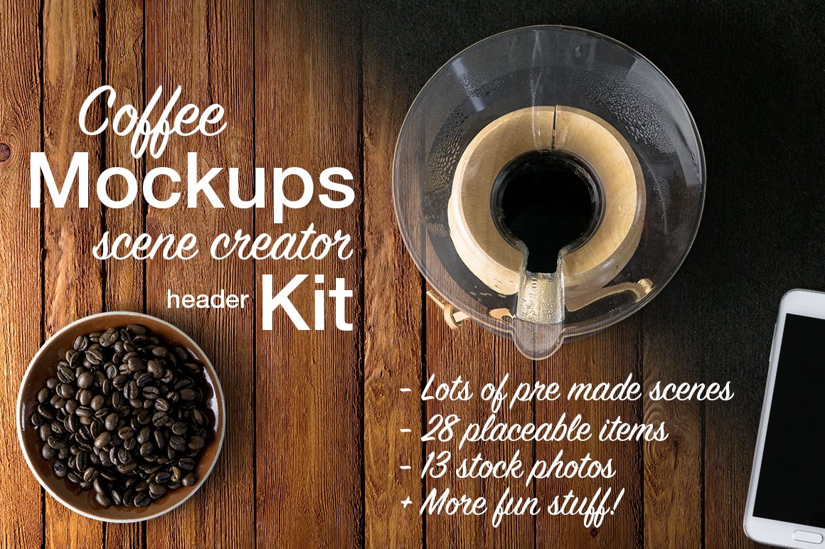 Coffee Mockups Scene Creator + cover image.