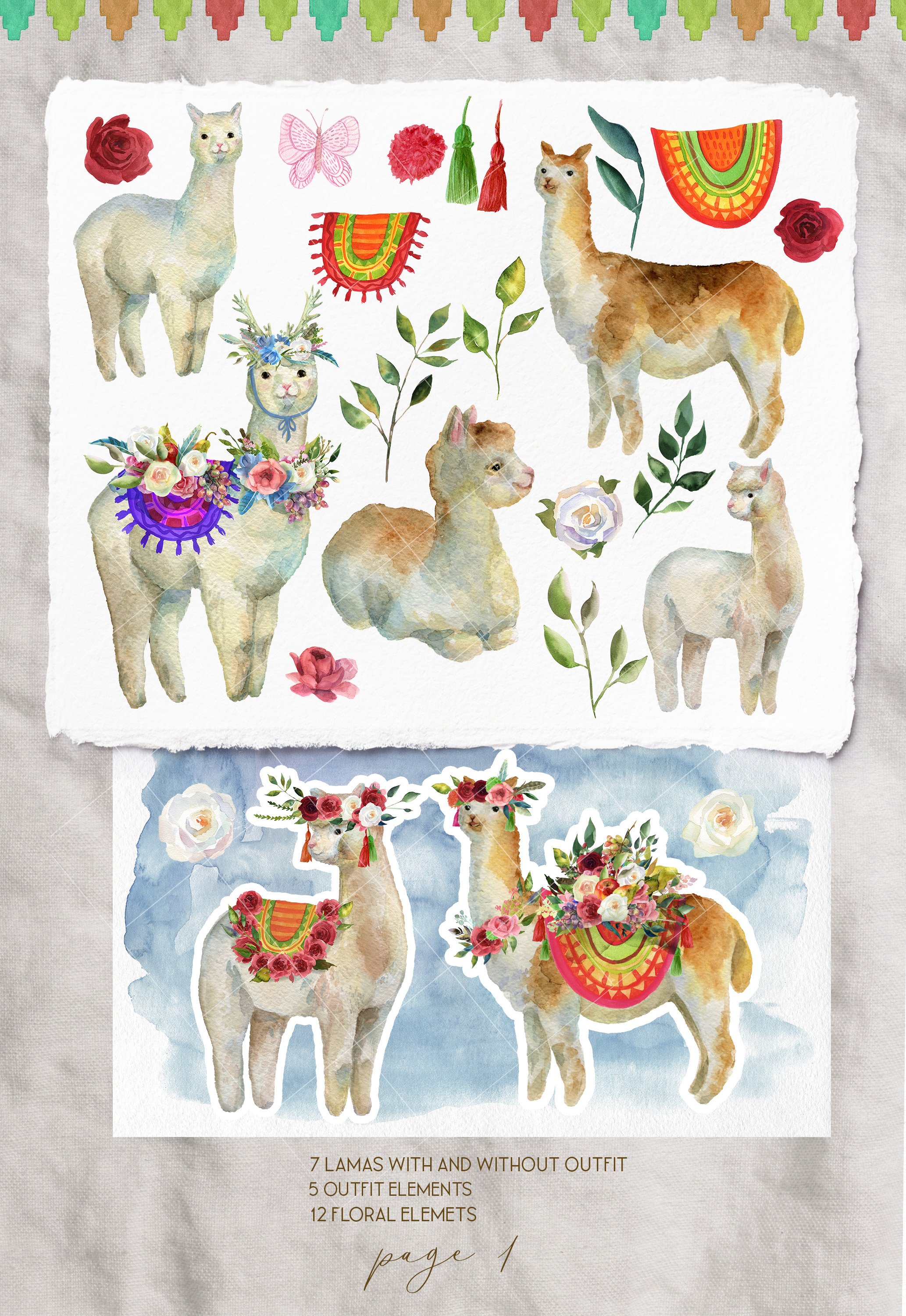 Cute watercolor llama alpaca clipart preview image.