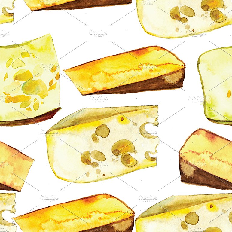 cheese, watercolor, seamless pattern preview image.