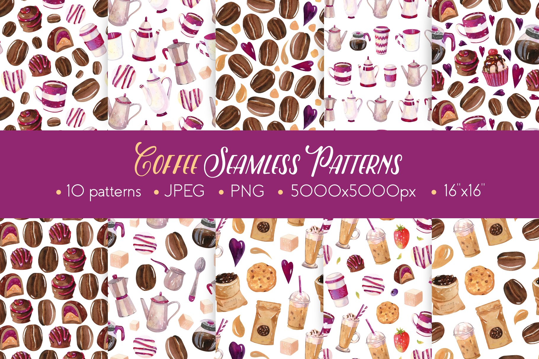 Coffee Watercolor Seamless Patterns cover image.