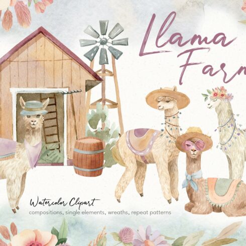 Llama Farm Watercolor Clipart cover image.