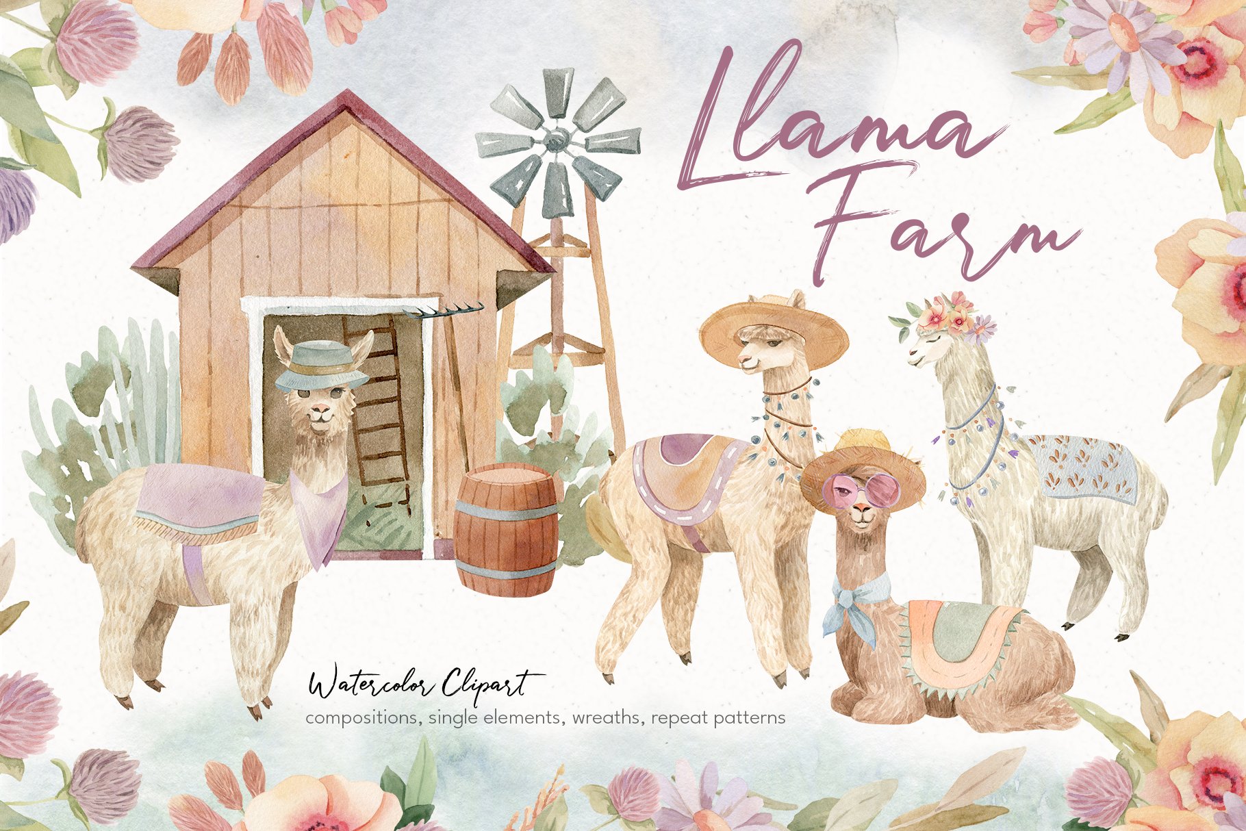 Llama Farm Watercolor Clipart cover image.