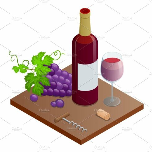 Bottle of red wine, bunches of wine grapes and glass of red wine. Vineyard ... cover image.