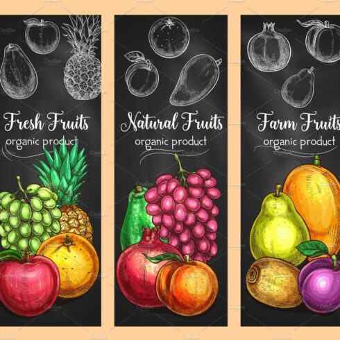 Vector sketch banners of fresh exotic fruits cover image.