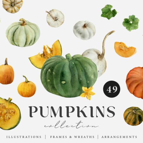 Pumpkin watercolor set. Fall clipart cover image.
