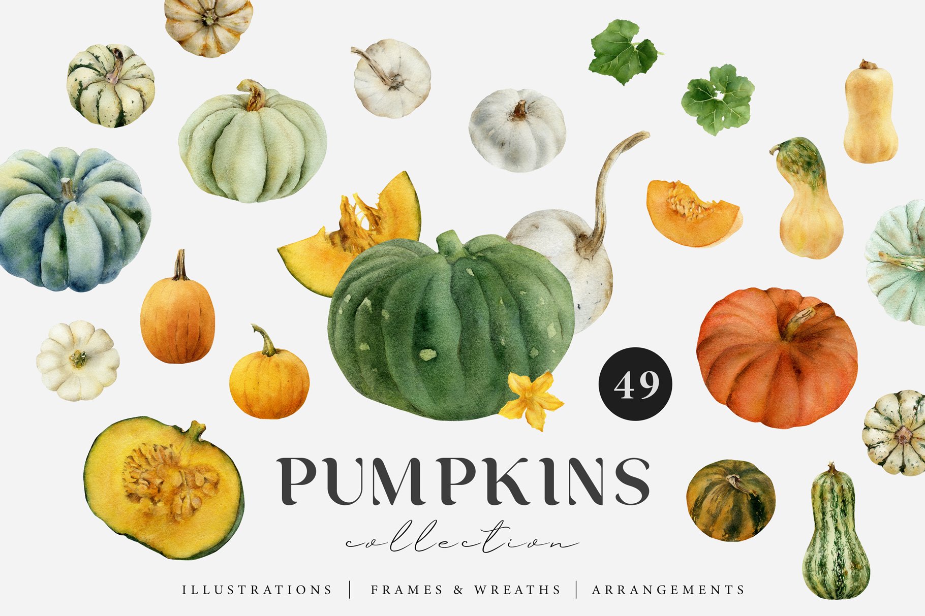 Pumpkin watercolor set. Fall clipart cover image.