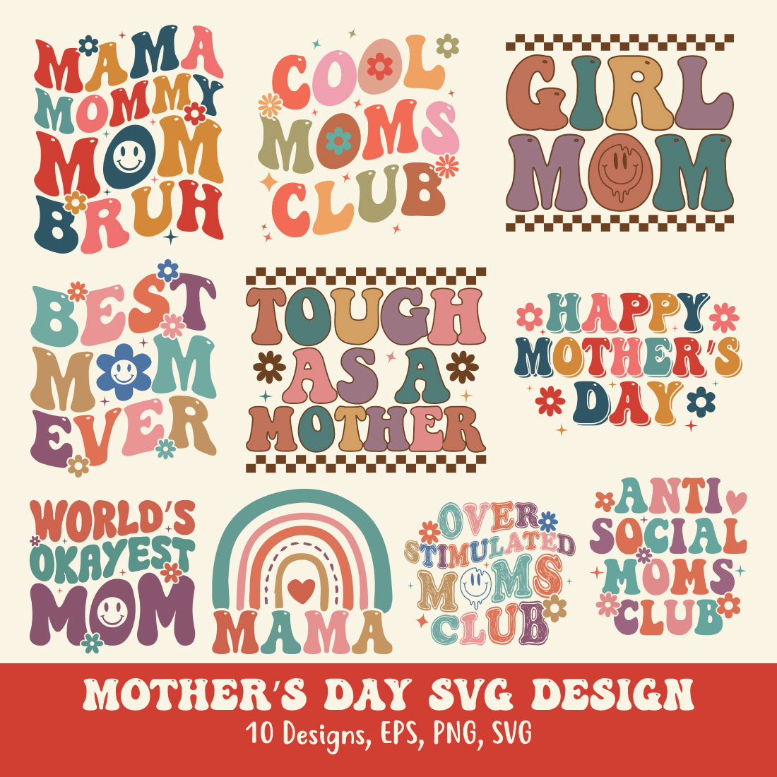 10 Mother's Day Retro SVG T-Shirt Design Bundle Vector Template preview image.