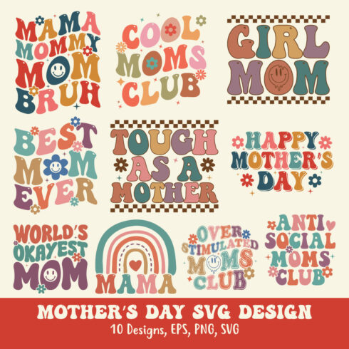 10 Mother's Day Retro SVG T-Shirt Design Bundle Vector Template cover image.