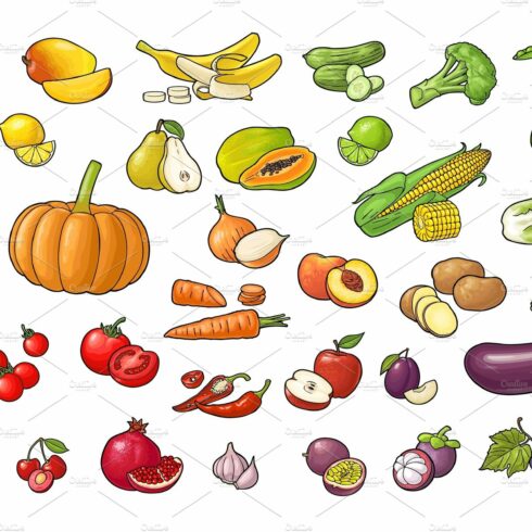 Set vegetables and fruits. Vector cover image.