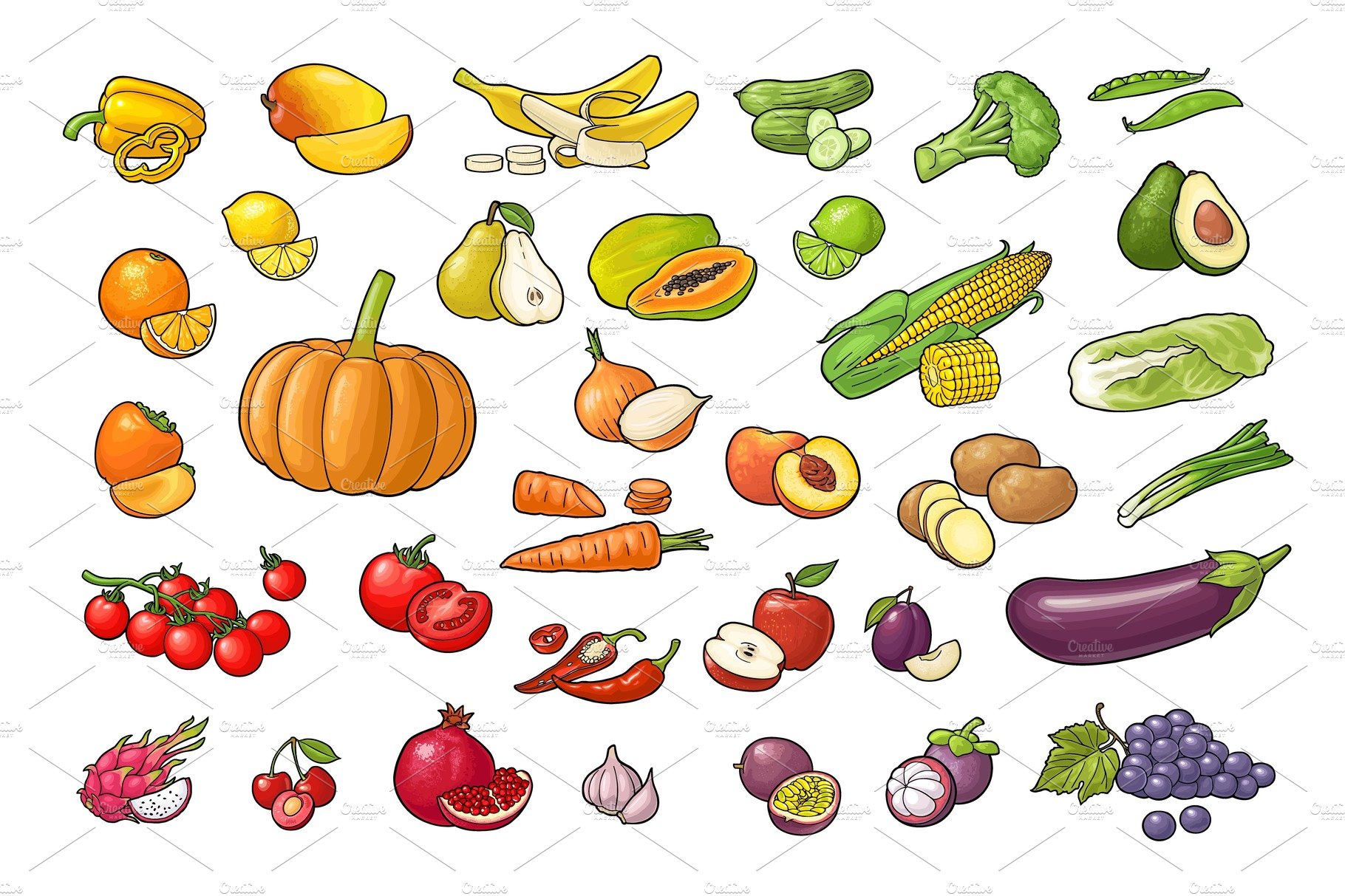 Set vegetables and fruits. Vector cover image.