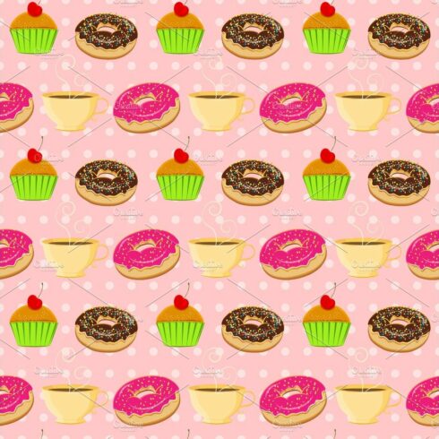 Vector seamless pattern with colorful donuts, muffins and tescup cover image.