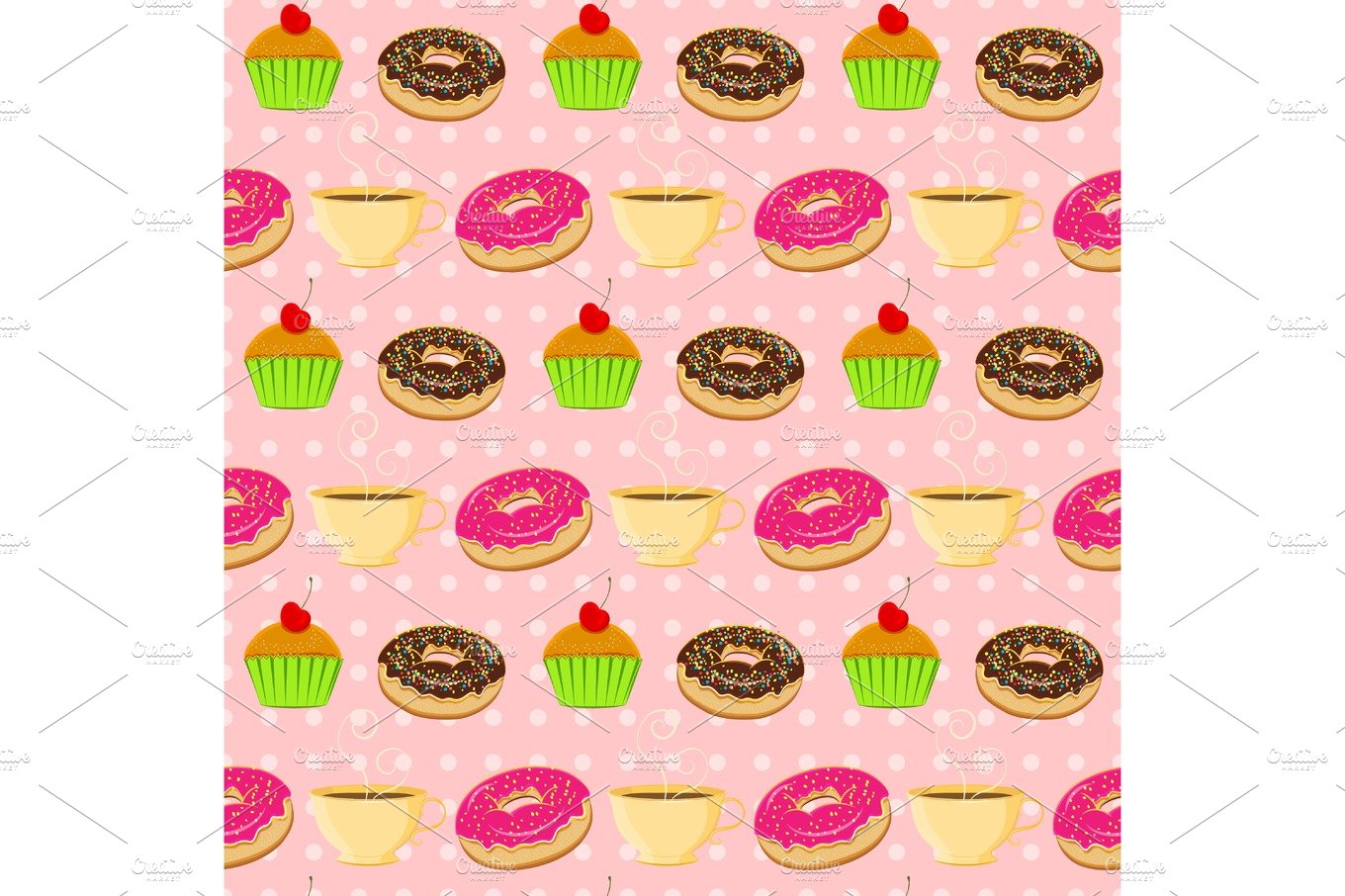 Vector seamless pattern with colorful donuts, muffins and tescup cover image.