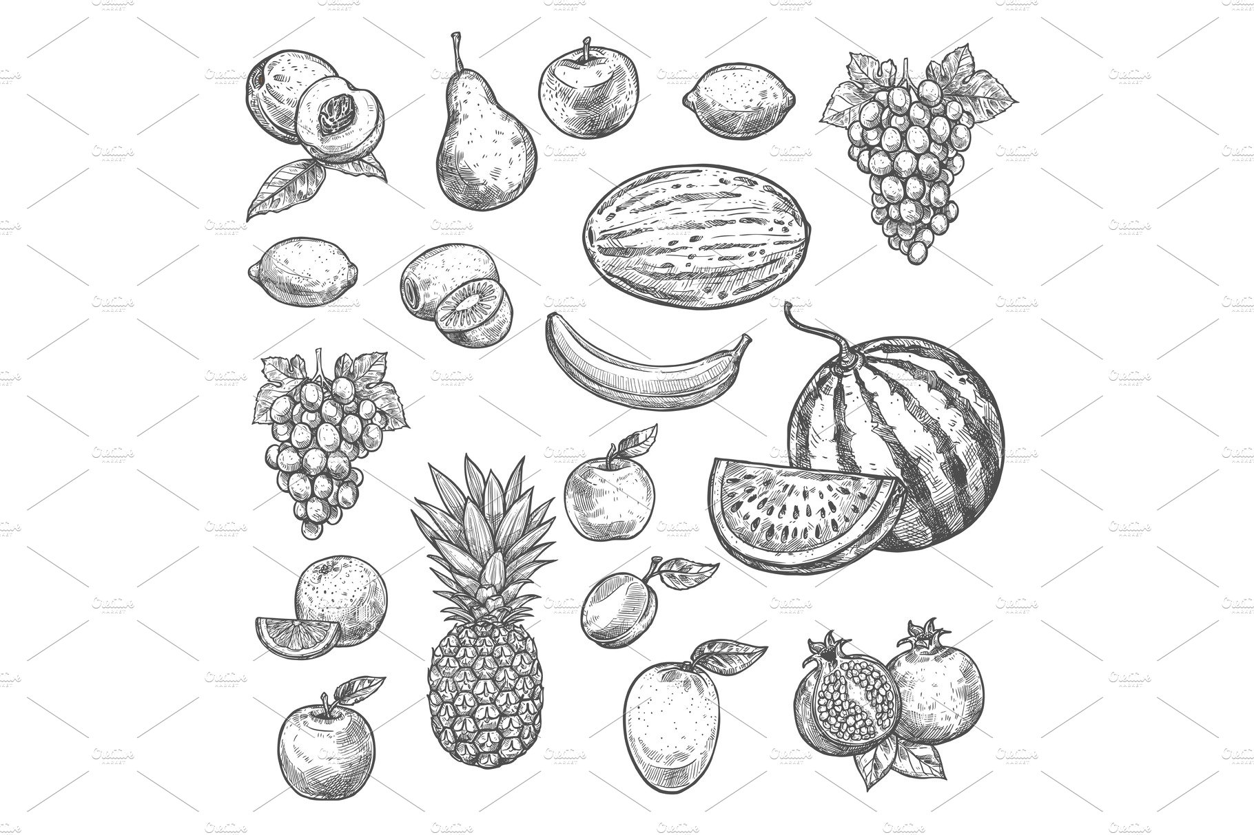 Vector sketch fruits isolated icons cover image.