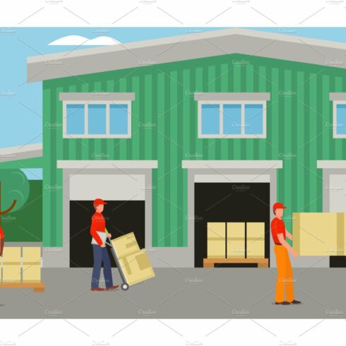 Delivery worker at warehouse, box cover image.
