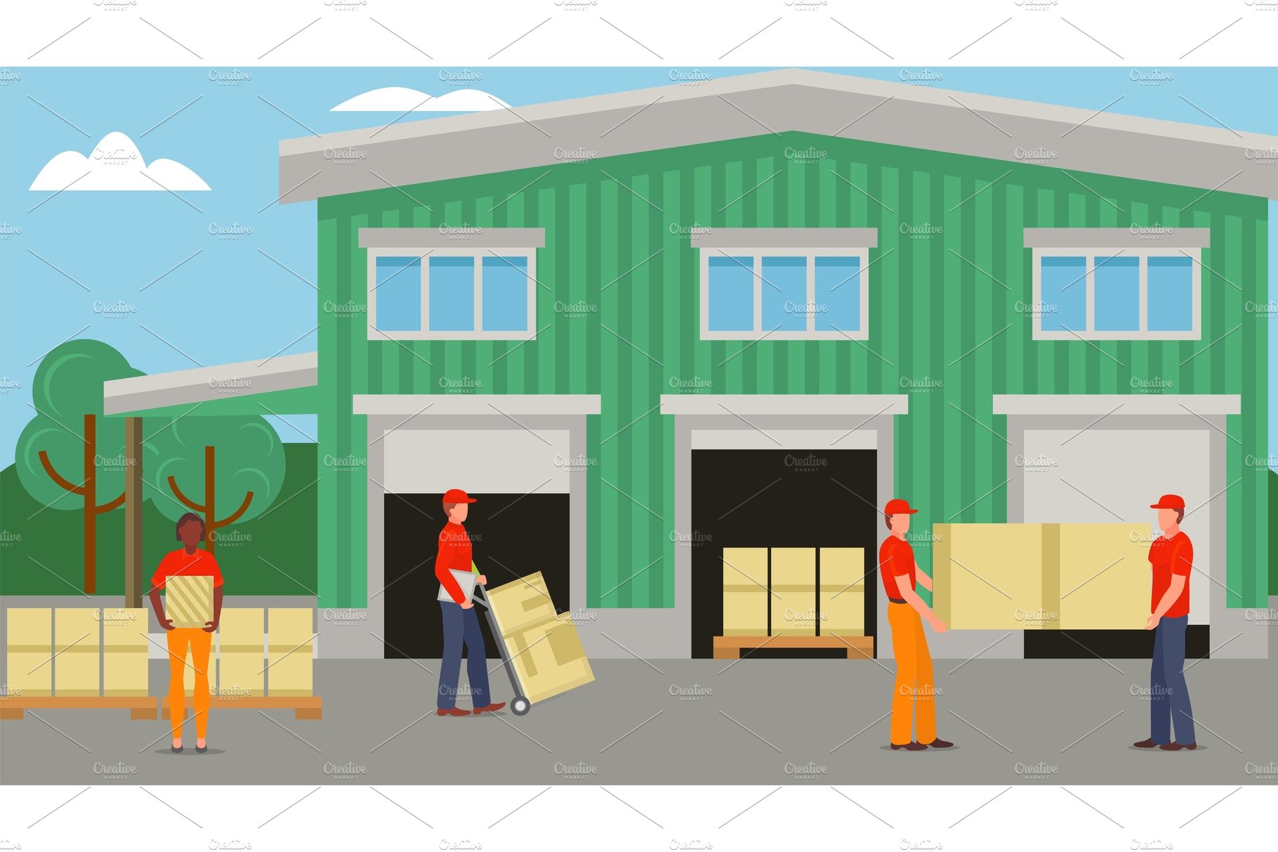 Delivery worker at warehouse, box cover image.