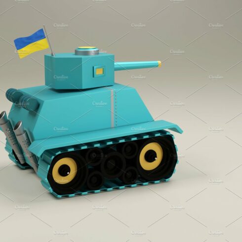 Low Poly tank with Ukranian flag. 3d illustration cover image.