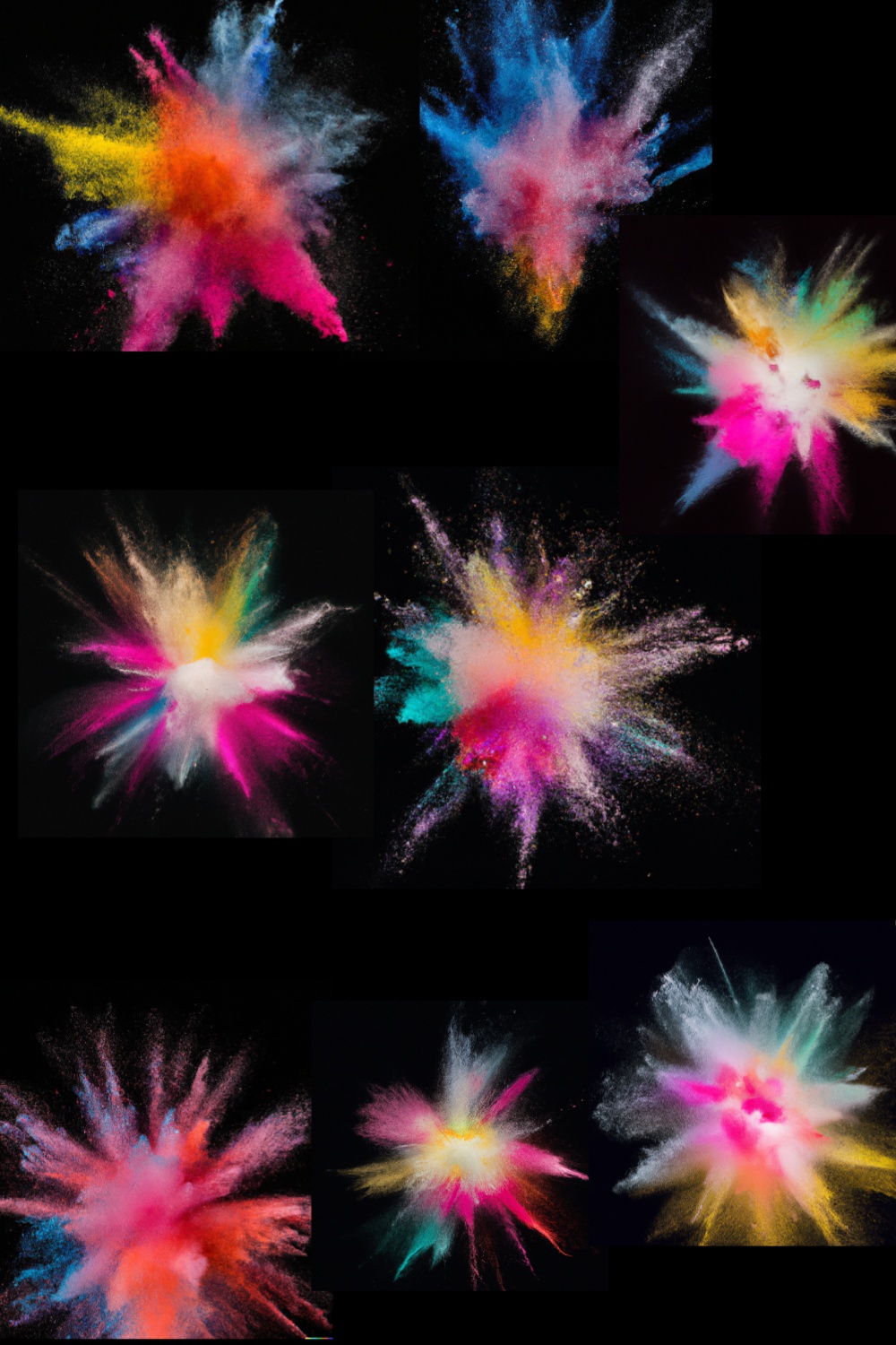 A centered explosion of colorful powder on a black background pinterest preview image.