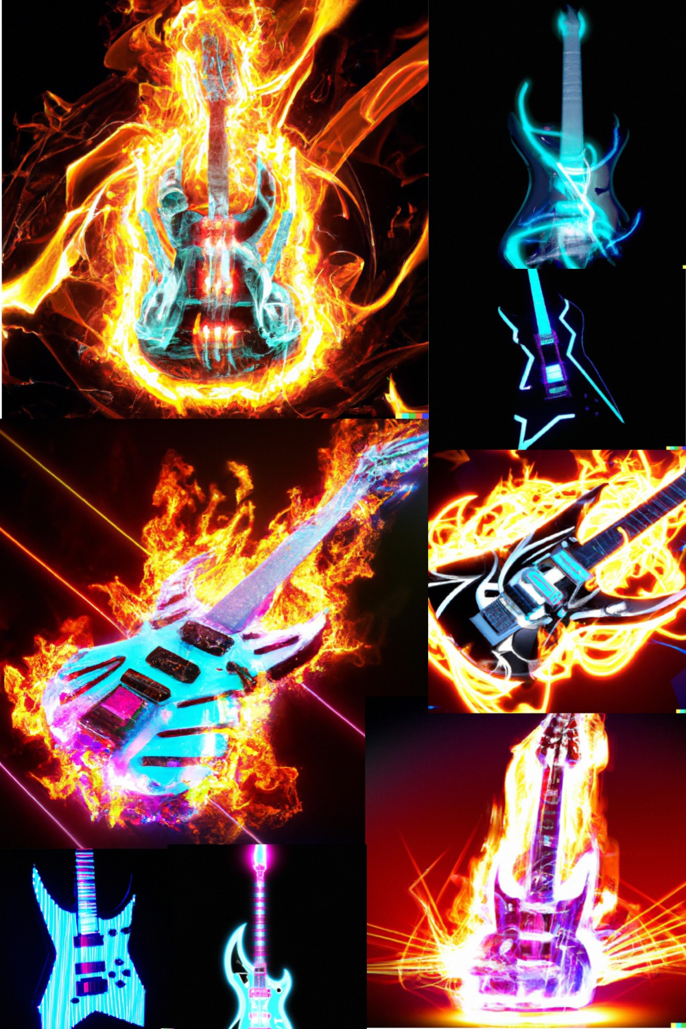 Futuristic neon lit cyborg guitar with flames background pinterest preview image.