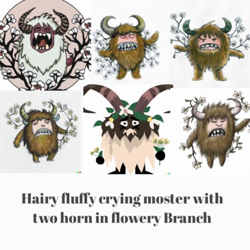 Hairy fluffy crying monster with two horn in flowery Branch | Monster Images cover image.