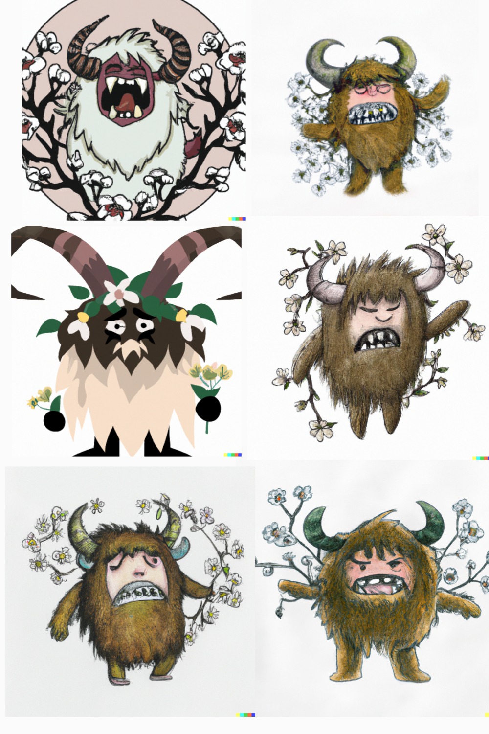 Hairy fluffy crying monster with two horn in flowery Branch | Monster Images pinterest preview image.