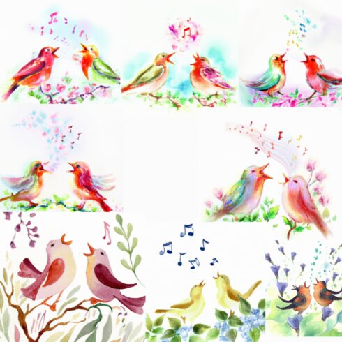 Watercolor floral birds singing | Watercolor bird illustraion cover image.
