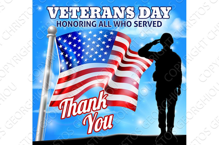 Veterans Day Soldier Saluting American Flag cover image.