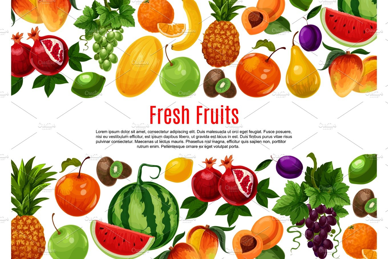 Vector poster of fresh garden or tropical fruits cover image.